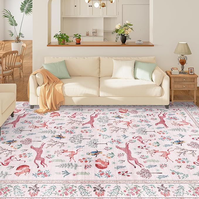 DUKINO 6x9 Area Rug, Washable Animal Living Room Rug Non Slip, Pink | Soft, Low Pile, Non-Shedding Indoor Large Carpet for Bedroom, Dining Room, Kids PlayRoom, Farmhouse, Pet Friendly, Home Decor