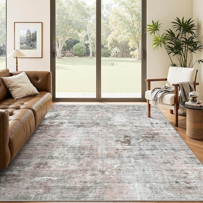 Soalmost Abstract Area Rug 6x9 for Living Room Washable Rugs Pink/Grey | Non-Slip Low-Pile Carpet for Dining Bedroom, Foldable Thin Vintage Stain Resistant Floor Mat Under Table Home Office Nursery