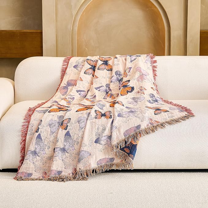 VANJOROY Boho Throw Blanket, 100% Organic Cotton Breathable Ultra Soft 50" x 60" Bed Quilt Throw - All Season Floral Rustic Farmhouse Decor Luxury Reversible Blanket for Sofa Couch Chair and Gift