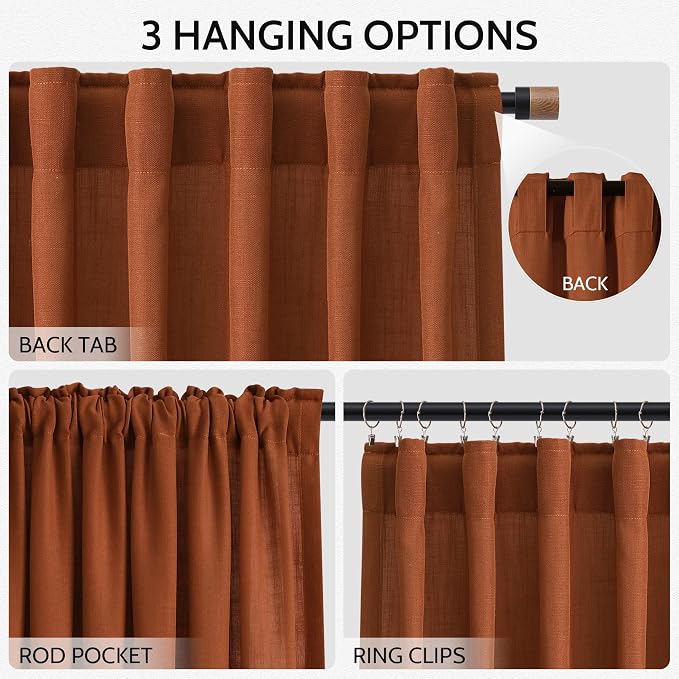 Nanspring Rust Linen Curtains for Living Room 90 Inches Long Light Filtering Semi Sheer Curtain Back Tab and Rod Pocket Vintage Rustic Luxury Home Decor Drapes for Bedroom Office 52x90, 2 Panels