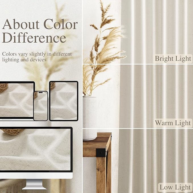 Nanspring Mousse White Linen Curtains for Living Room 108 Inches Long Simple Modern Light Filtering Semi Sheer Curtain Back Tab Coastal Decor Floor to Ceiling High Window for Bedroom 52x108, 2 Panels