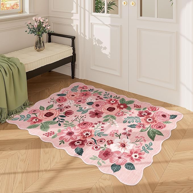 DUKINO 2x3 Rugs for Entryway, Floral Door Mat Washable Kitchen Rugs, Pink | Non Slip, Low Pile, Soft Small Rugs for Entrance, Bedroom, Bathroom, Laundry, Pet Friendly, Non-Shedding, Modern Home Decor