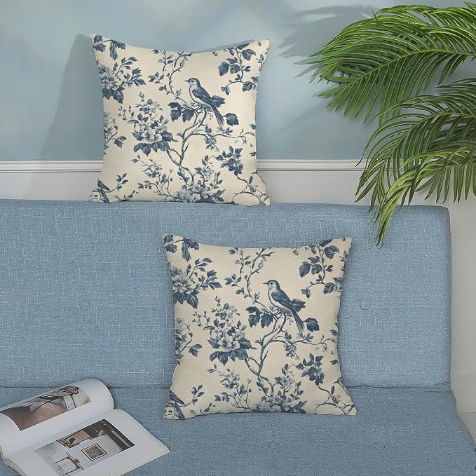 Chinoiserie Pillow Covers 18x18 Inch Set of 2 Blue Floral Bird Throw Pillows Vintage Blue Flower Decorations Pillow Cases Outdoor Chinoiserie Decor Farmhouse Linen Cushion Cover for Couch Home