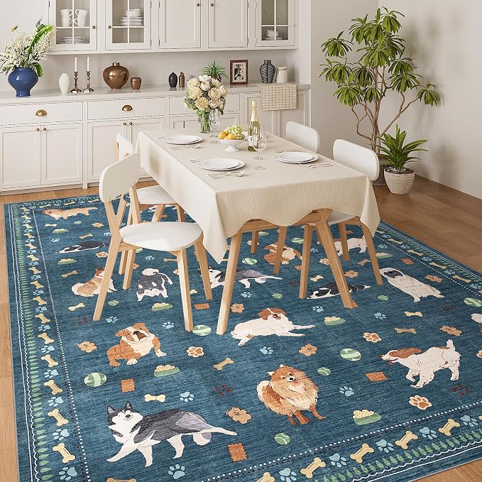 DUKINO 8x10 Area Rug, Washable Dog Rugs for Living Room Soft, Blue | Non Slip, Low Pile, Non-Shedding, Stain Resistant Animal Carpet for Bedroom Dining Room Nursery Farmhouse, Pet & Kid Friendly