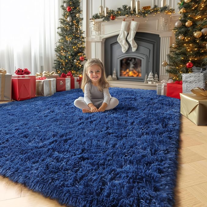 Amdrebio Navy Blue Large Area Rug 8x10 for Living Room Boys Bedroom Carpet | Fluffy Fuzzy Furry Shag Plush Home, Classroom Baby Nursery Kids Playroom Decor, Coastal Aesthetic Ocean Nautical, Royal Blue