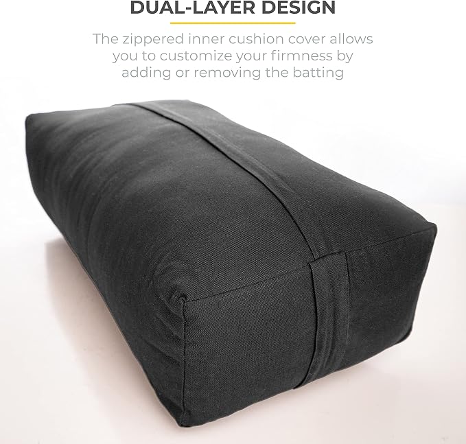 Extra Firm Large Yoga Bolster, 24" x 12" x 6" Cinched OR Zippered Yoga Pillow, Rectangular Cotton Cushion With Removable Cover for Studios, 1 Pack or 2 Pack