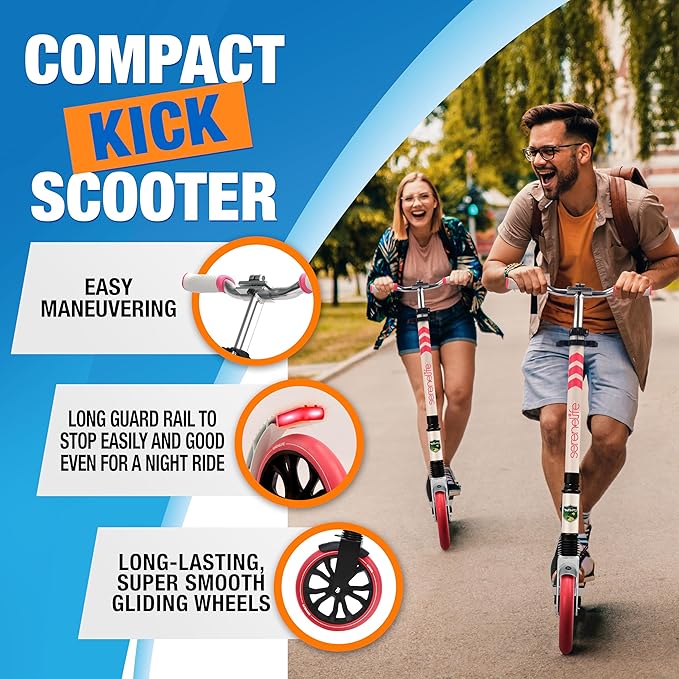 SereneLife Two Wheel Scooter for Teens, Smooth Gliding Kick Scooter for Adults w/Adjustable Height for Ages 8+, Portable All Terrain Scooter w/Carry Straps, Easy to Fold