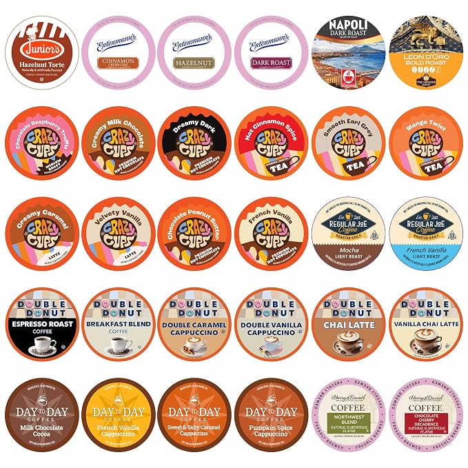 Variety Pack of Coffee, Tea, Hot Chocolate and Cappuccino, Sampler of Single Serve Coffee, Tea, Hot Cocoa and Cappuccino Pods for Keurig K Cups Machines, 30 Pack - No Duplicates