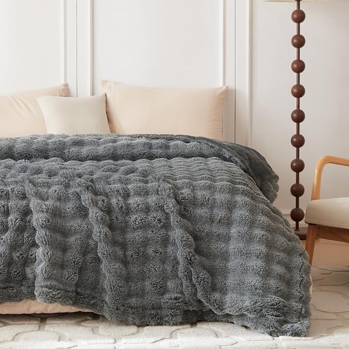 COOVA Faux Fur Throw Blanket for Couch, Cozy Soft and Fuzzy Plush Rabbit Fur Bubble Blanket for Sofa Bedroom Living Room, 50x60 Inches Cationic Light Grey