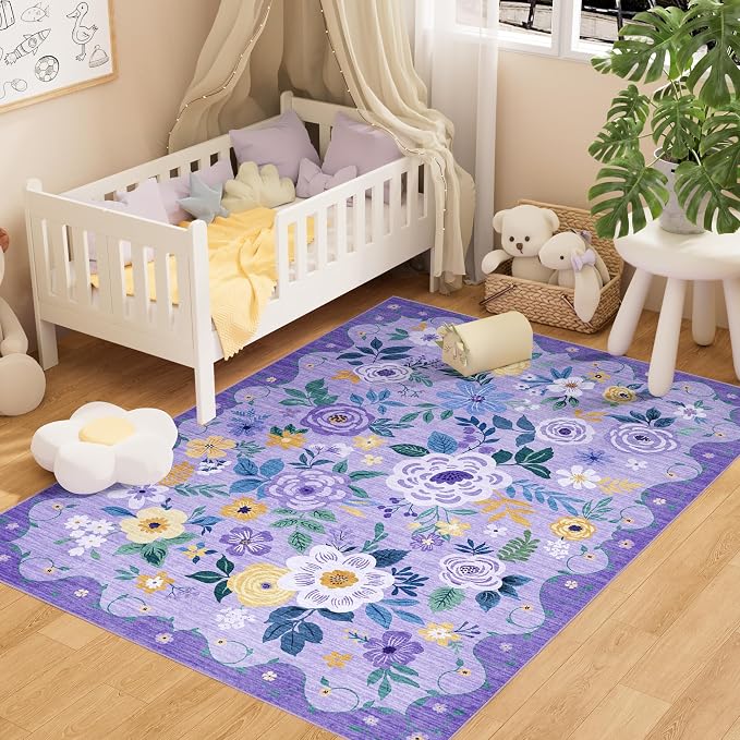 DUKINO 3x5 Area Rug, Floral Washable Rug for Bedroom Non Slip, Purple | Soft, Stain Resistant Low Pile Indoor Rug for Entryway, Bedroom, Bathroom, Living Room, Pet Friendly, Home Decor, Lightweight