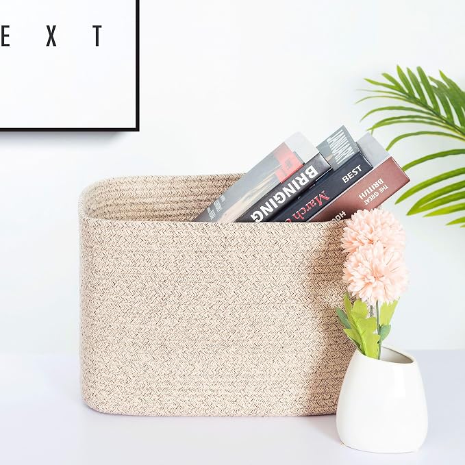 3-Pack Decorative Woven Storage Baskets for Shelves, Cube Bin Box for Organizing Books, Shoes, Dog Toys, Pantry Closet and Living Room Organizer, Oatmeal Brown