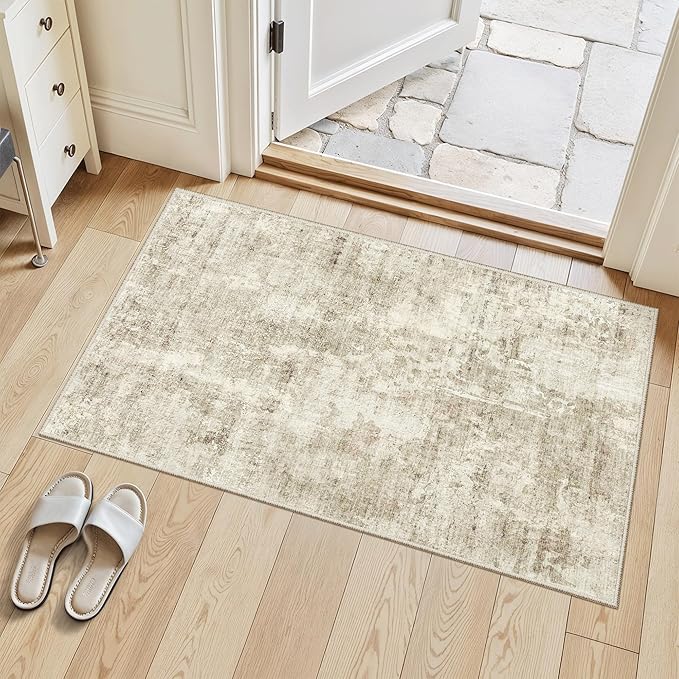 Soalmost 2x3 Abstract Washable Rugs for Kitchen, Small Area Rug Beige/Gray | Non-Slip Vintage Low Pile Throw Door Mat For Bathroom Entryway Laundry Room, Stain Resistant Indoor Entrance Floor Carpet