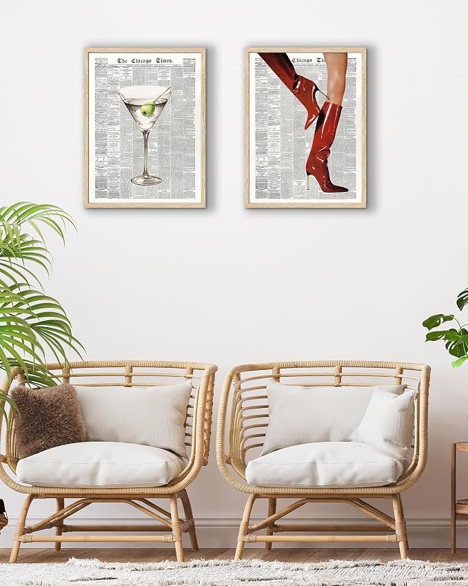 EcoHest 12x16 in Martini Newspaper Framed Wall Art for Bar Cart | Natural Oak Wood Frame, Canvas Wall Art, Martini Cocktail Bar Cart Decor for Living Room, Apartment, Dorm Room, Bedroom,1Pack