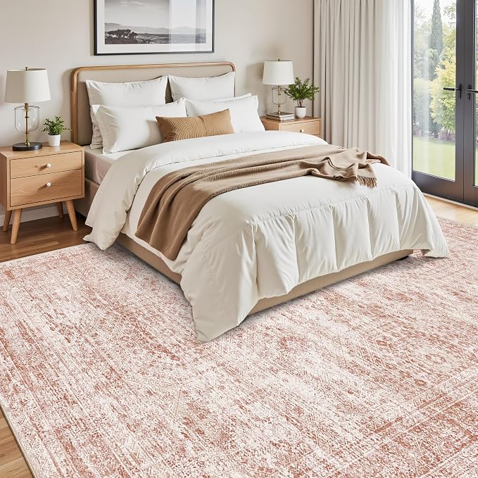 Soalmost Washable Area Rug 8x10 Large Soft Pink Rugs for Living Room | Vintage Non-Slip Carpet for Dining Bedroom, Stain Resistant Low Pile Foldable Lightweight Floor Mat Under Table Home Decor