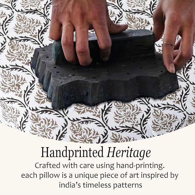 CPC Sandstone Regal Hand Block Print 100% Cotton Ruffle Throw Pillow Cover 24x24 inch with Hidden Zipper Decorative for Couch, Bed, Sofa, Farmhouse, Cottagecore Decor Gift Christmas Fall Thanksgiving