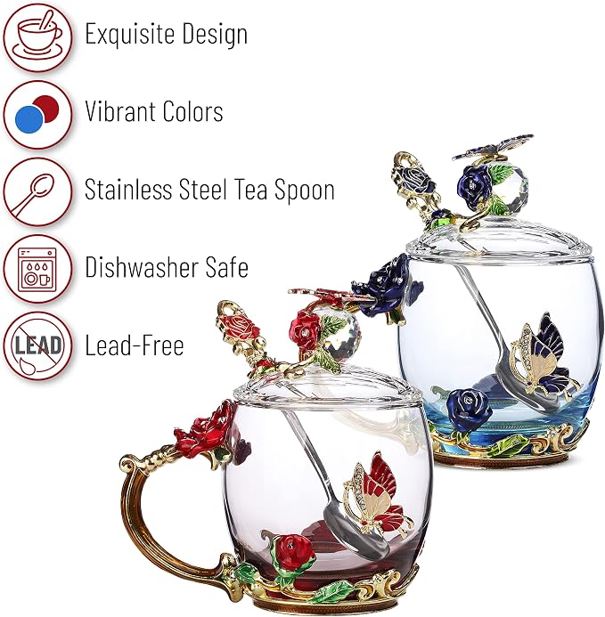 BTaT- Floral Glass Tea Cups with Lids & Spoon Set, Pack of 2, 11 oz, Blue & Red, Flower Design with Gift Box, Fancy Tea Cups, Dishwasher Safe