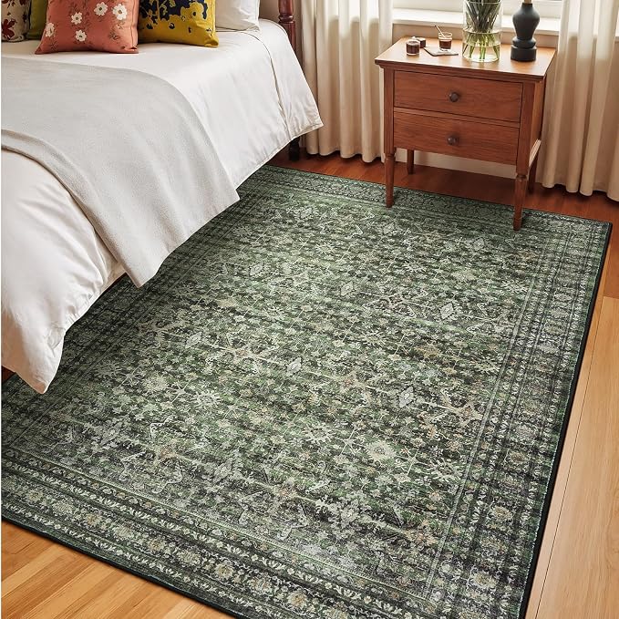 5x8 Area Rugs for Living Room Bedroom, Green Washable Non-Slip Carpet | Soft Boho Area Rug for Dining Room Home Office Indoor Nursery, Stain Resistant, Low Pile, Foldable Vintage Distressed Rug