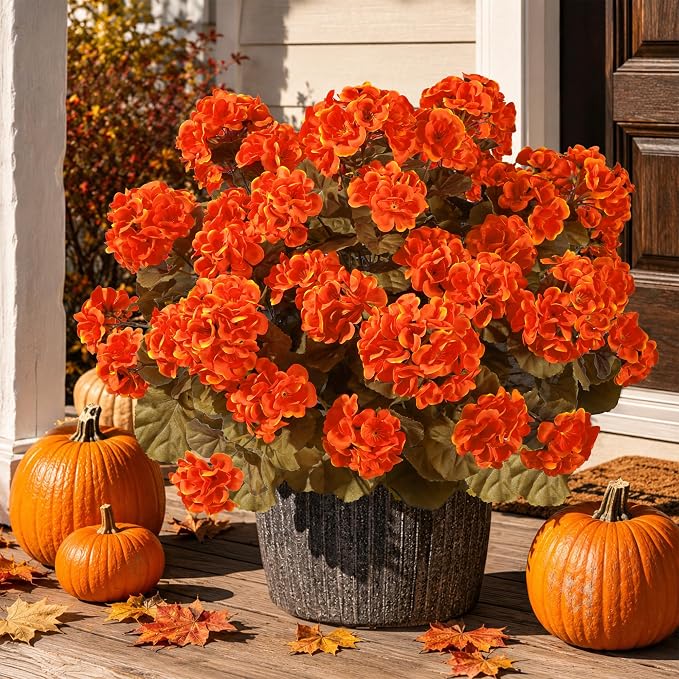 Fake Geraniums Artificial Flowers for Outdoors Fall Autumn Decoration, 6 Bundles Silk Geraniums Look Real Faux Fall Flowers Plants for Front Door Garden Planter Patio Balcony Yard Home Indoor, Orange