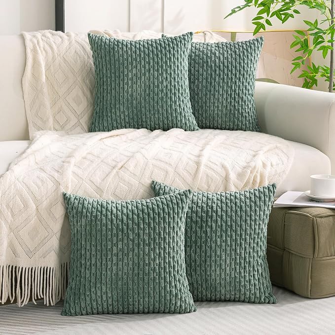 Set of 4 Teal Green Decorative Throw Pillow Covers 24x24 Inch Corduroy Pillow Covers for Bed Couch Sofa Living Room Soft Square Cushion Cases