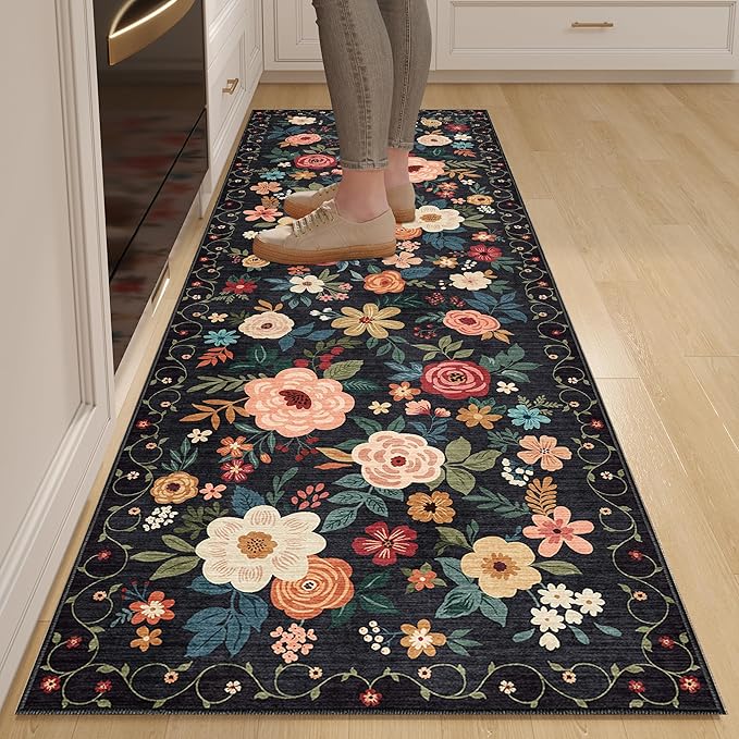 DUKINO 2x6 Runner Rug for Hallway, Washable Runner Rug Non Slip, Black | Low Pile, Soft, Floral Indoor Rug for Kitchen, Entryway, Bedroom, Laundry, Bathroom, Pet Friendly, Lightweight, Home Decor