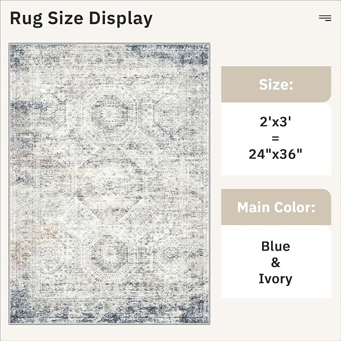 Soalmost 2x3 Washable Rugs for Kitchen, Entryway, Small Area Rug Blue/Ivory | Non-Slip Vintage Low Pile Throw Door Mat For Bathroom Entry Laundry Powder Room, Stain Resistant Indoor Entrance Floor Carpet