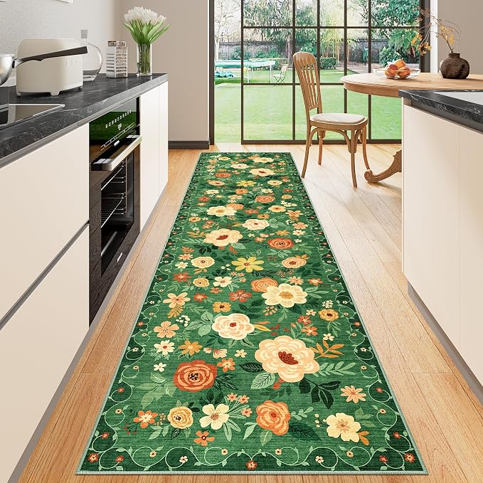 DUKINO 2.6x10 Hallway Runner Rug Washable Kitchen Rugs Non Slip Dark Green | Soft, Low Pile, Floral Indoor Floor Rug Runner for Entryway, Bedroom, Bathroom, Laundry, Pet Friendly, Home Decor, Ultra-Thin