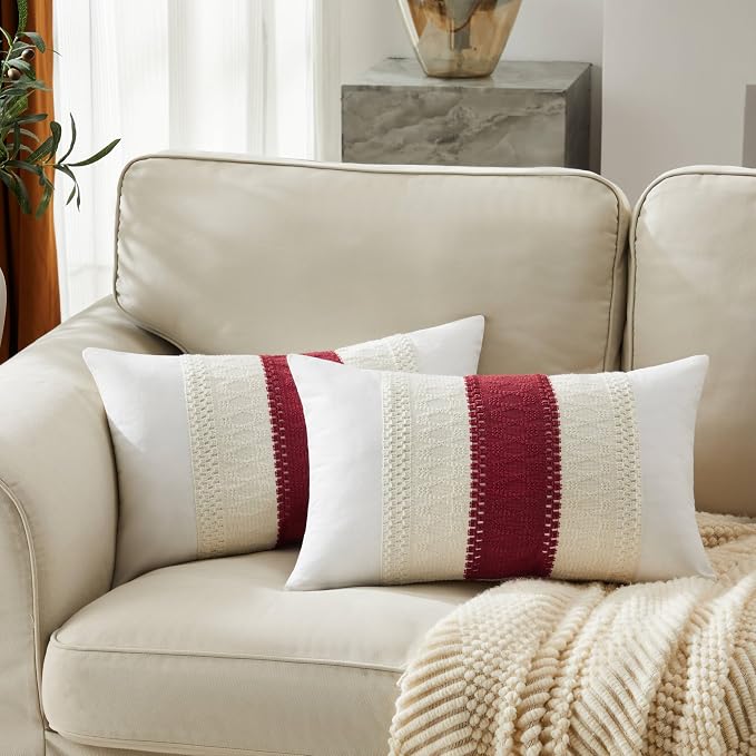 2pk Boho Pillow Covers 12x20, Natural White/Contrast/Red | 100% Organic Cotton Body, Stripe Embroidery, Farmhouse Decorative Cushion Covers for Sofa Bed Living Room Home Decor