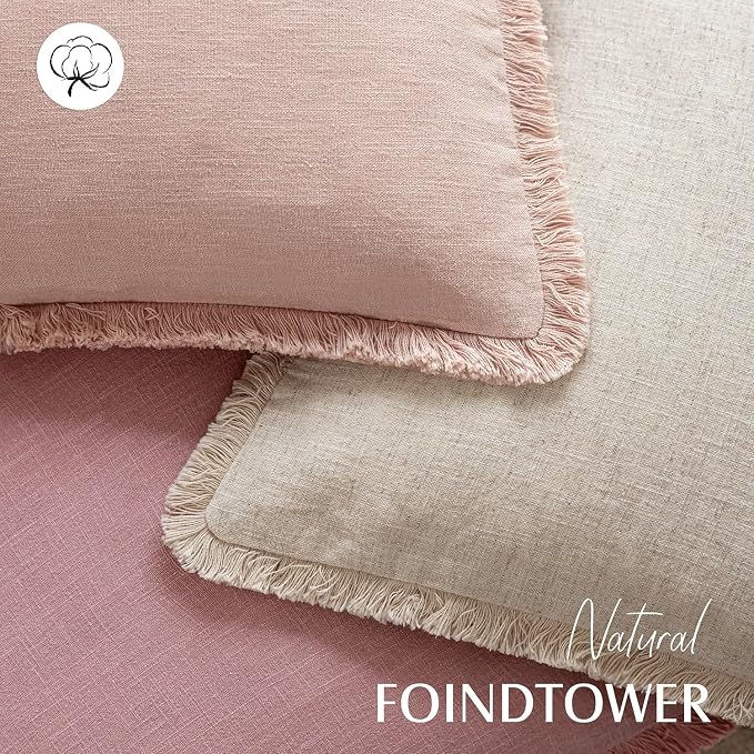 Foindtower Set of 2 Decorative Linen Fringe Throw Pillow Covers Cozy Boho Farmhouse Cushion Cover with Tassels Soft Accent Pillowcase for Couch Sofa Bed Living Room Home Decor,22×22 Inch,Rose Pink