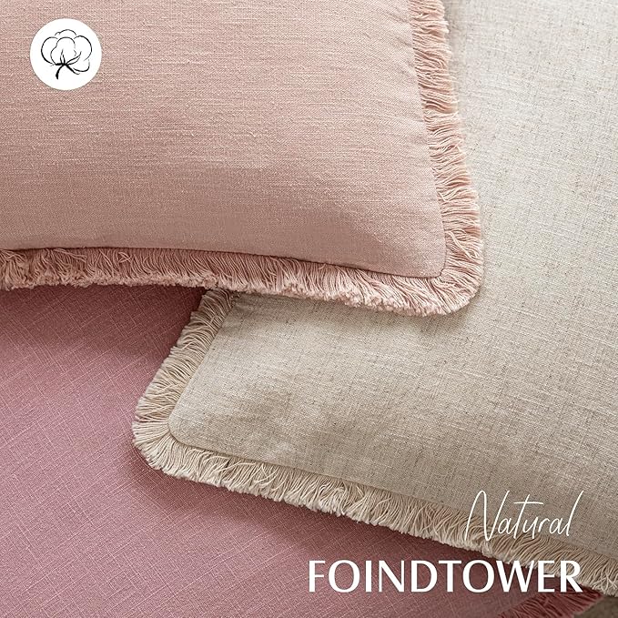 Foindtower Set of 2 Decorative Linen Fringe Throw Pillow Covers Cozy Boho Farmhouse Cushion Cover with Tassels Soft Accent Pillowcase for Couch Sofa Bed Living Room Home Decor,18×18 Inch,Rose Pink
