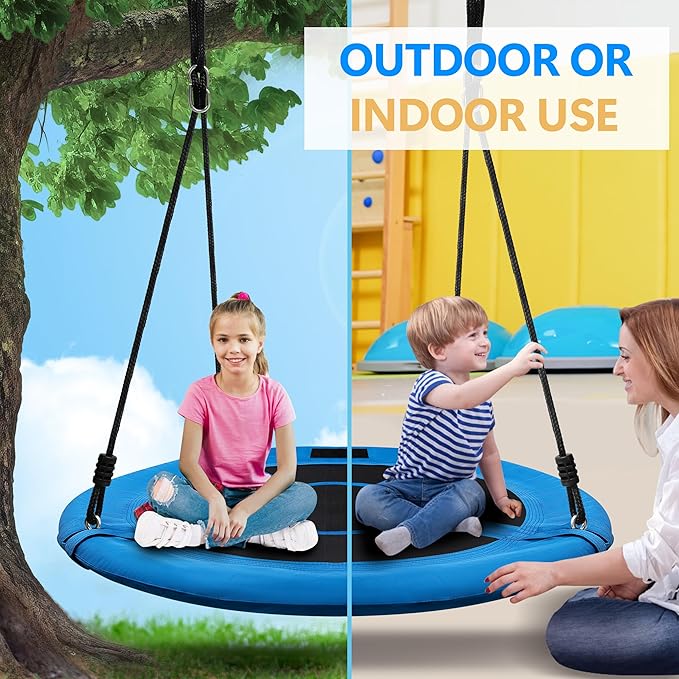 Saucer Tree Swing 40 Inch 600lb Weight Capacity with 2pcs Hanging Straps, 900D Oxford Fabric Waterproof Durable Steel Frame and Carabiner for Kids Adults with Pillow,for Backyard (Blue)