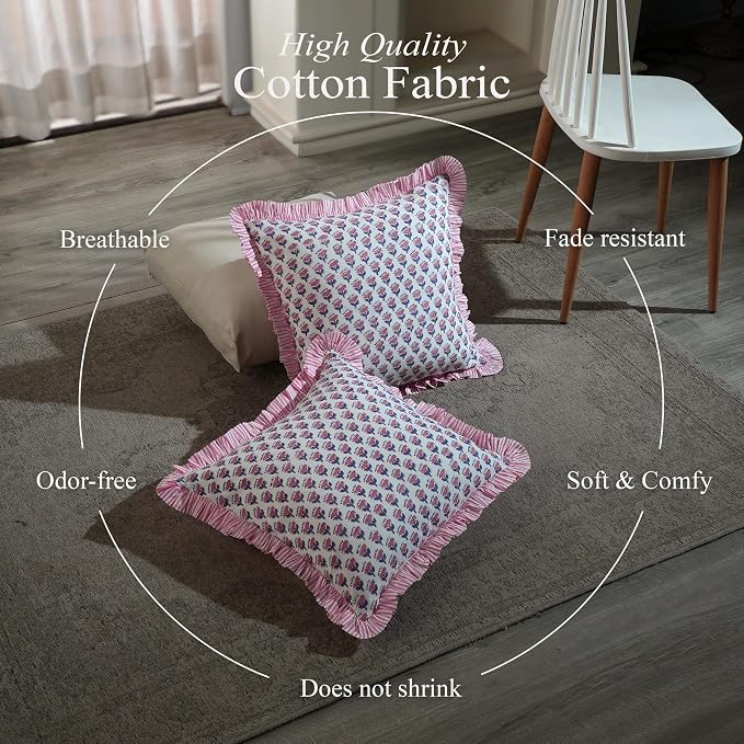 CPC Pink Sapphire Ruffle Throw Pillow Covers for Couch, 18x18 Inch Cotton Stripe Ruffle Couch Pillows for Living Room, Hidden 14 Inch Zipper Boho Pillow Case or Cute Outdoor Pillows