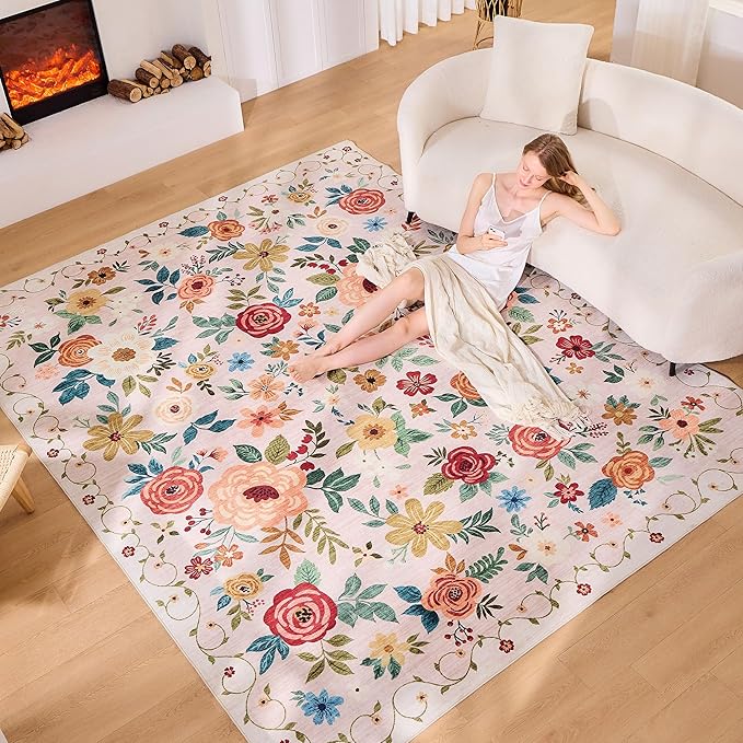 DUKINO 8x10 Area Rugs, Floral Washable Living Room Rug Non Slip, Beige | Low Pile, Stain Resistant, Soft Indoor Large Carpet for Bedroom, Dining Rom, Kids Playroom, Pet Friendly, Modern Home Decor