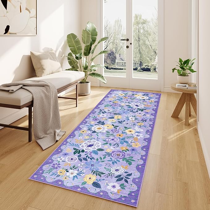 DUKINO 2x10 Runner Rug, Floral Washable Kitchen Runner Rug Non Slip, Purple | Soft, Low Pile, Stain Resistant Indoor Rug Runner for Hallway, Entryway, Bedroom, Bathroom, Laundry, Pet Friendly, Home Decor