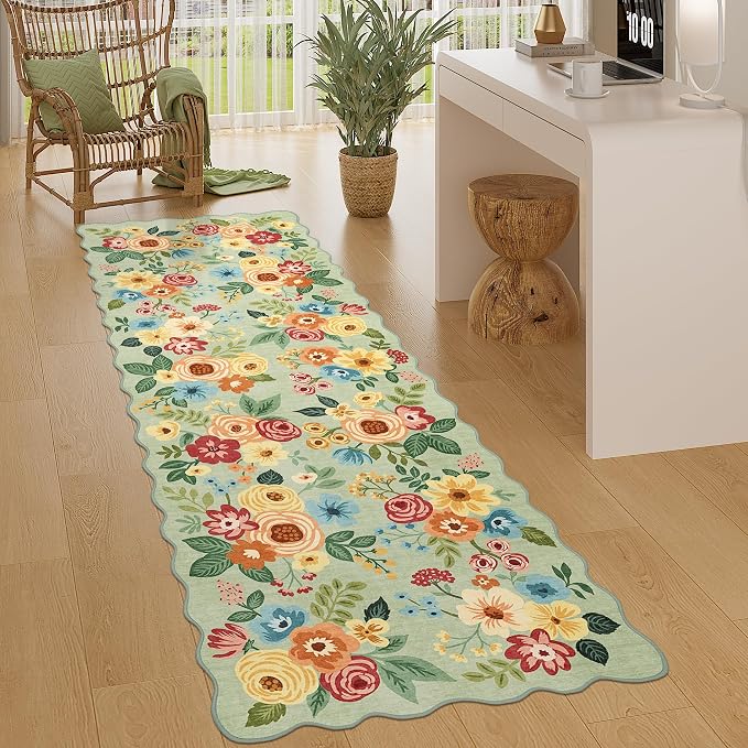 DUKINO 2x6 Runner Rug, Floral Washable Rug for Kitchen Non Slip, Green | Soft, Low Pile, Non-Shedding Long Runner Rugs for Kitchen, Entryway, Bedroom, Bathroom, Pet Friendly, Home Decor, Ultra-Thin