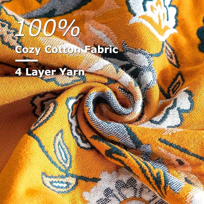 LUTBM Boho Throw Blanket for Bed 100% Cotton Soft Lightweight Quilt Reversible Summer Blanket Floral Embroidery Home Decor Bed Blankets,90"x98" All Season Blankets for Sofa Couch Chair