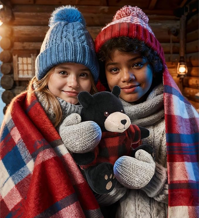 DolliBu Super Soft Black Bear Stuffed Animal with Plaid Red Hoodie Sweater and Personalization - Bear Plush Lumberjack Stuffed Toy with Plaid Jacket Dress Up for Christmas, Holiday, Winter - 6 Inches