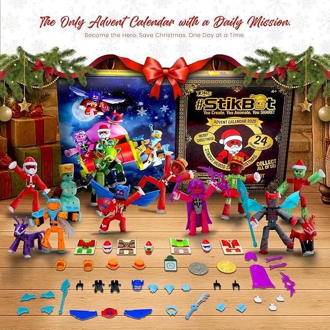 Zing Stikbot Advent Calendar Christmas Countdown Collectable Action Figures. "Hero Save Christmas" Includes Exclusive Stikbots, and Exclusive Collectors’ Items. Create Stop Motion Animation (Stikbot Advent Calendar 2025)