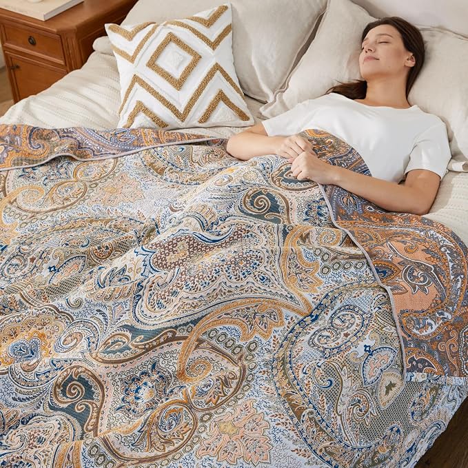 100% Cotton Boho Throw Blanket for Home Decor – Classic Farmhouse Quilt Bedding, Muslin Blankets for Adults, Vintage Woven Decorative Blanket for Couch, Bed Layering Use, Paisley Pattern, 104"x90"