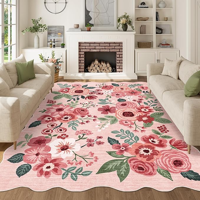 DUKINO 5x7 Area Rugs for Bedroom, Floral Washable Rug Non Slip, Pink | Low Pile, Soft, Stain Resistant Throw Rugs for Living Room, Dining Room, Office, Nursery, Pet Friendly, Modern Home Decor