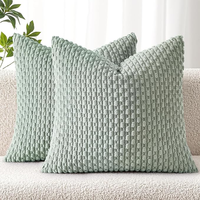 MIULEE Decorative Throw Pillow Covers 20x20 Greyish Green Textured Corduroy | Pack of 2 Striped Pillow Covers Modern Farmhouse Home Decor for Couch Bed Sofa Living Room