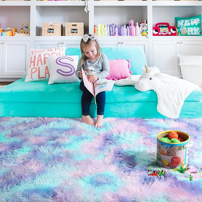 PAGISOFE Cute Kawaii Rugs for Girls Bedroom, 5x8 Rainbow Purple Area Rug, Soft Fluffy Shag Rug for Girls Room Baby Kids Playroom Nursery Classroom Plush Furry Mermaid Rug, Fuzzy Pastel Colorful Carpet