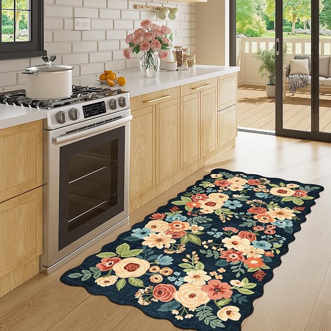DUKINO 2x4 Rug for Entryway, Floral Washable Kitchen Rugs, Navy Blue | Non Slip, Low Pile, Soft Throw Runner Rug for Hallway, Bedroom, Bathroom, Laundry, Pet Friendly, Home Decor, Stain Resistant