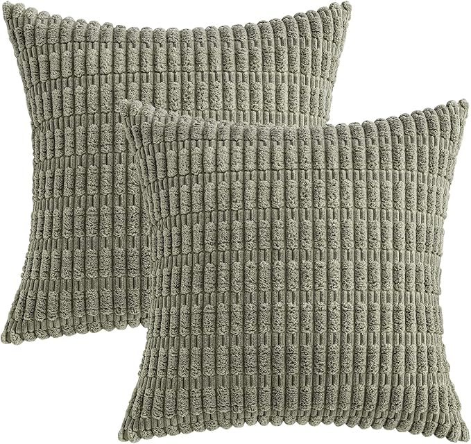 MIULEE Corduroy Decorative Throw Pillow Covers 18x18 Light Olive Pack of 2 | Green Soft Boho Striped Pillow Covers Modern Farmhouse Home Decor For Sofa Living Room Couch Bed