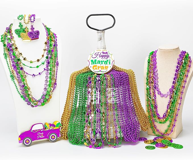 200PCS Mardi Gras Beads, Green Purple Gold Metallic Mardi Gras Beads Necklaces Accessories Bulk, Mardi Gras Beads Necklace Accessories for Parade Throws Party Decorations Supplies Favors