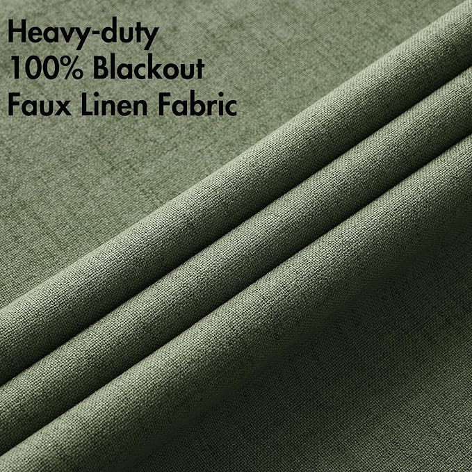 MIULEE 100% Blackout Linen Textured Curtains for Bedroom Solid Thermal Insulated Olive Green Grommet Room Darkening Curtains & Drapes Luxury Decor for Living Room 52 x 63 Inch (2 Panels)