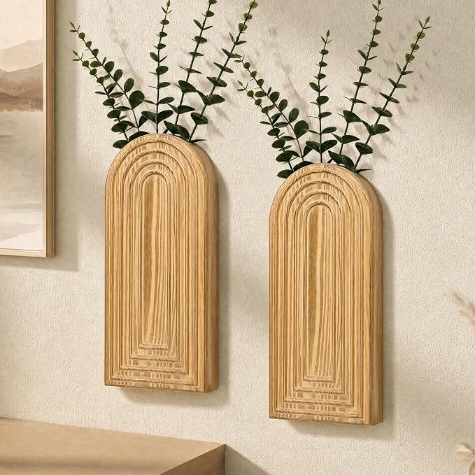 EOSAHR Wall Vase: Wall Planter for Indoor Plants & Fake Flowers, WarmYellow | 2Pcs, Pine Wood, Hanging Vase, Wall Art for Living Room, Boho Decor, Suitable for Eucalyptus Plant & Artificial Flower