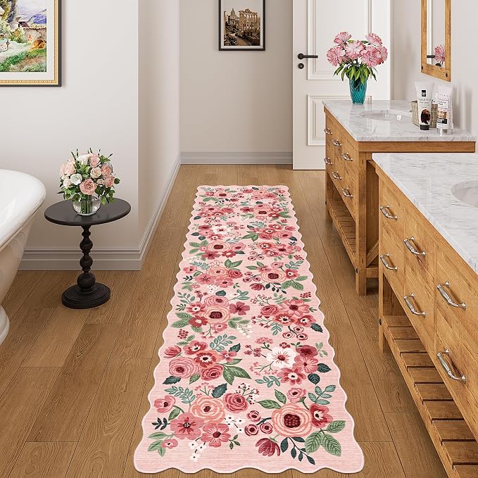DUKINO 2x7 Runner Rug for Hallway, Floral Washable Rug for Kitchen, Pink | Low Pile, Stain Resistant, Soft Throw Carpet Runner for Entryway, Bedroom, Bathroom, Laundry, Pet Friendly, Modern Home Decor
