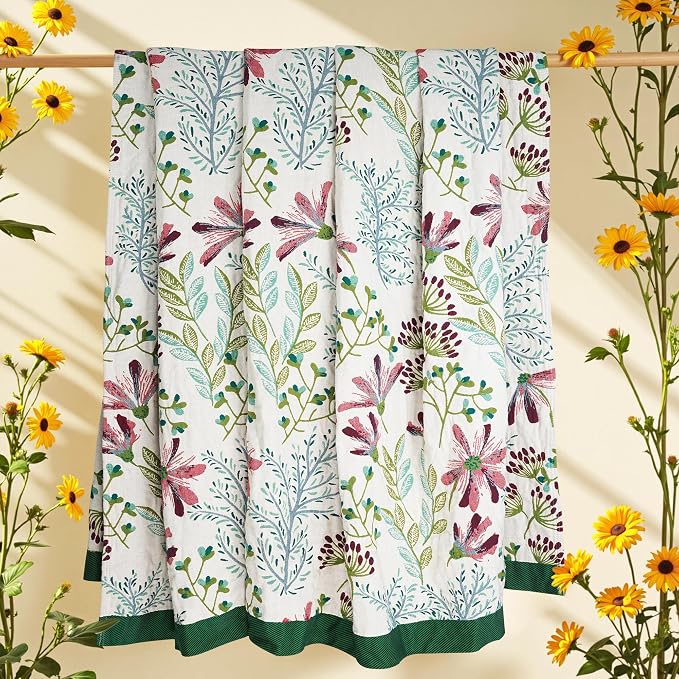 VANJOROY Boho Throw Blanket, 100% Organic Cotton Breathable Ultra Soft 80" x 90" Bed Quilt Throw - All Season Floral Rustic Farmhouse Decor Luxury Reversible Blanket for Sofa Couch Chair and Gift