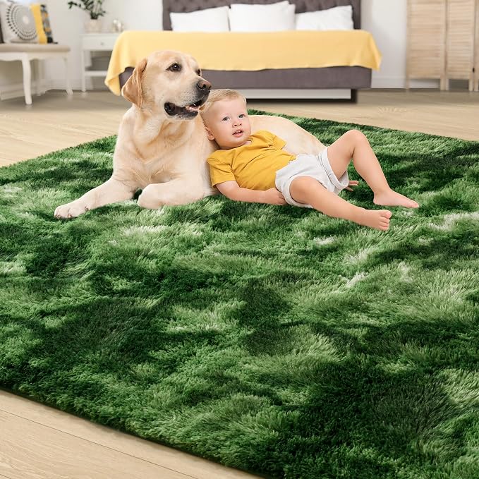 Tepook Fluffy Dark Green Rugs for Living Room Bedroom, 5x8 Soft Area Rug Tie-Dyed Forest Moss Green Kids Girls Boys Rug, Indoor Plush Shaggy Non-Slip Carpet for Nursery Classroom Dorm Home Decor