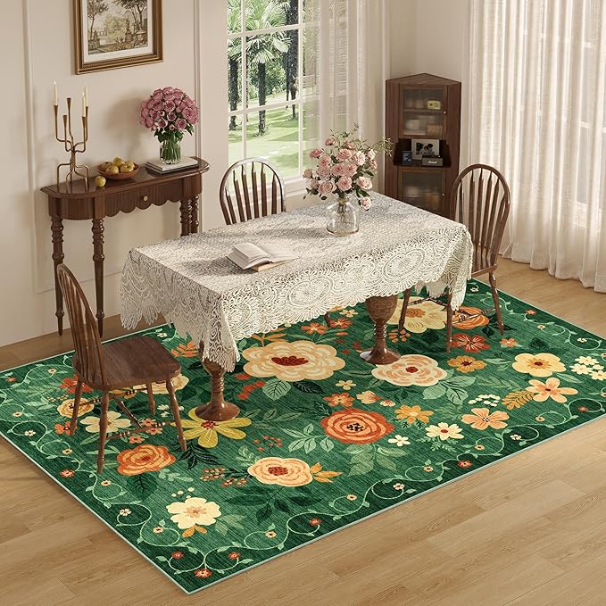 DUKINO 5x7 Area Rug Floral Washable Rug for Living Room Non Slip Dark Green | Soft, Low Pile, Stain Resistant Indoor Rug for Bedroom, Dining Room, Office, Pet Friendly, Lightweight, Modern Home Decor